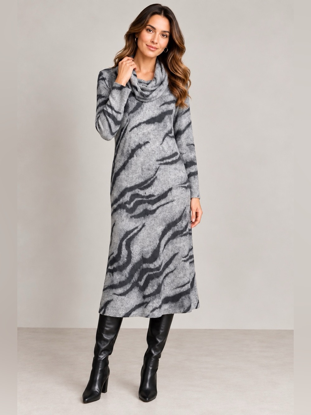 NWT White House Black Market Cozy Knit Midi Dress Gray Tiger Print Cowl Neck M